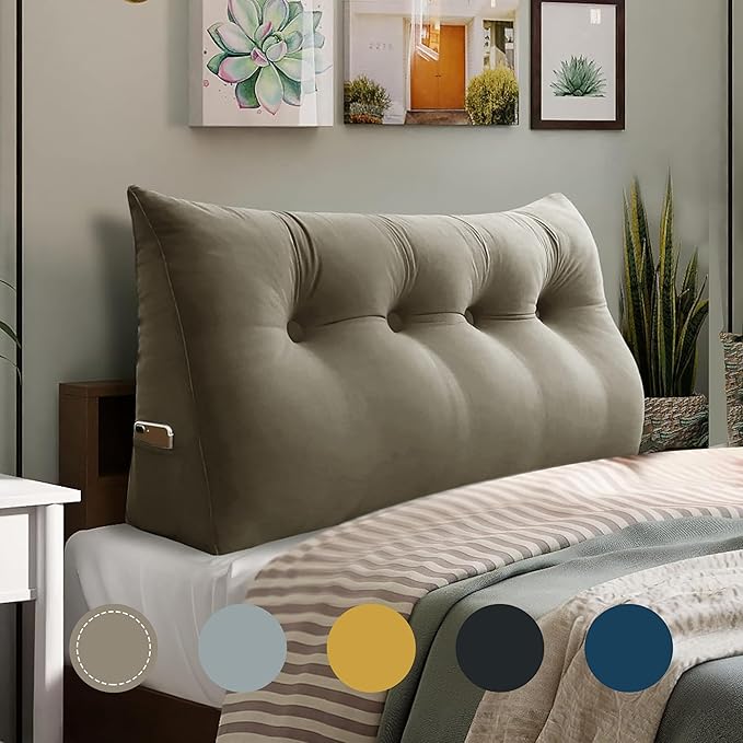 WOWMAX 100% Cotton Velvet Headboard Pillow – Full Size Wedge Back Support Reading Bolster for Bed & Daybed, Handmade Firm Support Cushion with Removable Cover, Soft Luxury Bed Rest Pillow, Beige Gray