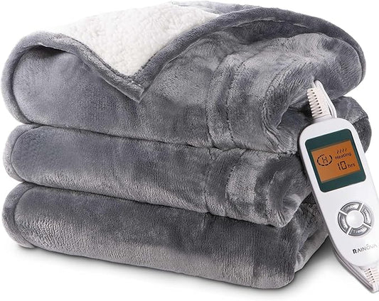RAINOVA Heated Blanket Electric Throw, Electric Blanket-50''x60'', Soft Flannel Lamb Swool Heating Blanket, 10-Level Heating, 10-Hour Auto-Off, Gifts for Parents and Elders, Gray, ETL & FCC Certified