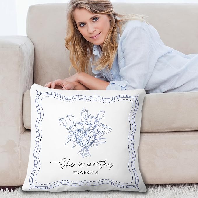 Proverbs 31 Christian Pillow Covers 18x18, Christian Gifts for Women Teen Girls, Blue Tulip Floral Bible Verse Scripture Throw Pillow Covers for Girls Room Dorm, Proverbs 31 Woman Gifts