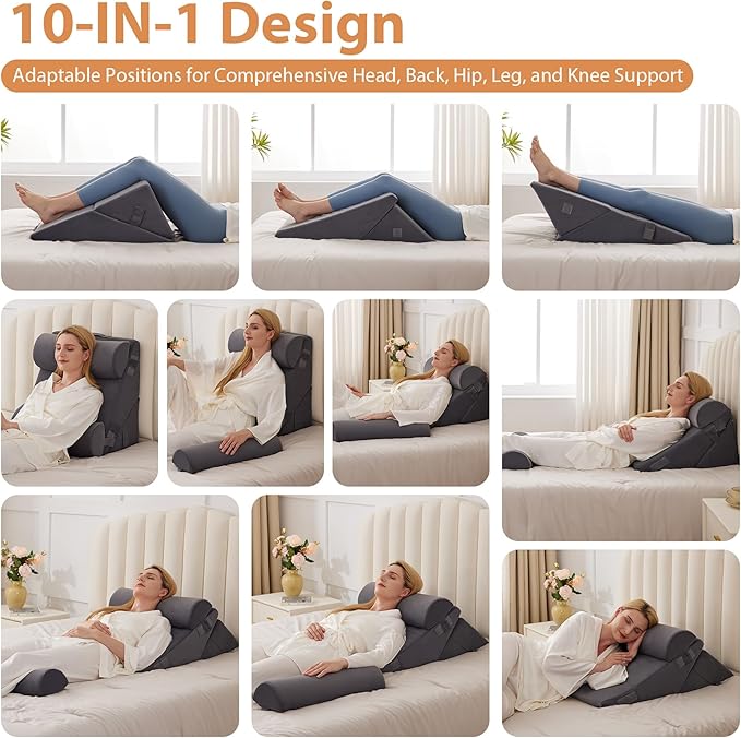 Orthopedic Bed Wedge Pillow Set 4Pcs, Adjustable Memory Foam Wedges Pillow, Pillow Wedge for Post Surgery, Back Pain Relief, Triangle Pillow for Acid Reflux, Snoring, GERD, Plush Grey