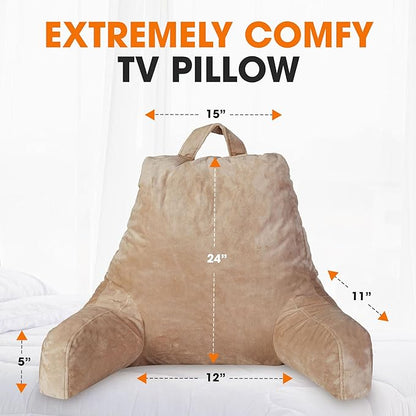 Cheer Collection Reading Pillow with Arms – Portable Bed Pillow for Sitting Up & Support, Foam-Filled Back Rest Pillow for Sitting in Bed & Couch, Machine Washable Taupe (Small)