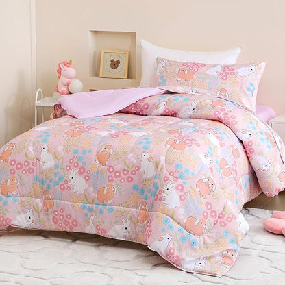Twin Comforter Set for Kids, Boys, Girls, 4 Pieces Bed-in-a-Bag Bedding Set, All Season Ultra Soft Sheets Set with Comforter, Cute Rabbit