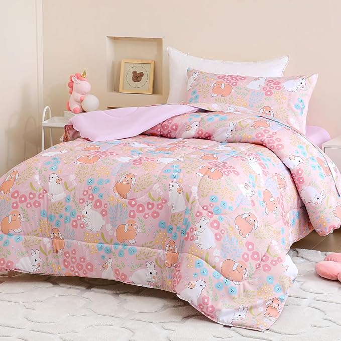 Toddler Comforter Set for Kids, Boys, Girls, 4 Pieces Bed-in-a-Bag Bedding Set, All Season Ultra Soft Sheets Set with Comforter, Cute Rabbit