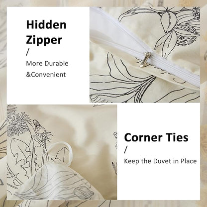 Cozeline 100% Cotton Duvet Cover Queen Size, Vintage Design with Luxrious Black Sketched Flowers & Leaves on Cream, 3 Pcs Breathable and Soft Duvet Cover for All Season
