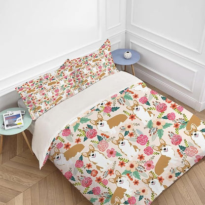 Corgi Dog Puppy Theme 3 Pieces Duvet Cover Comforter Set with 2 Pillowcase King Size Dog Print Bed Sheet Quilt Bedroom Bedding for Lover Kids