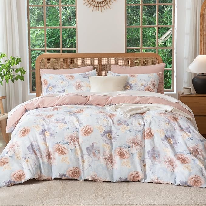 Jane yre King Flower Duvet Cover Soft Brushed Microfiber Crinkle Gauze 3 Pieces Bedding Set, Garden Style Peony Pattern King Duvet Cover Floral, with Zipper Closure Luxury Soft Breathable Comfy