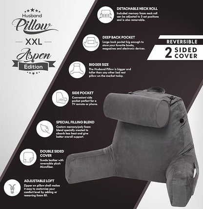 Husband Pillow XXL Aspen Edition, Adult Reading Sit Up Bed Rest Pillow for Bed with Arms & Neck Roll on Bungee Cord - Premium Memory Foam - Reversible 2 Sided Cover Micro Suede or Plush, Iron Grey