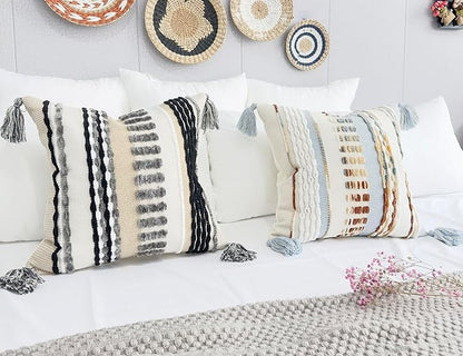 Boho Throw Pillow Covers 18x18 Aesthetic Neutral Boucle Couch Pillow Cover Rainbow Striped Decorative Accent Pillow Case for Couch Bed Sofa Farmhouse Bedroom,Modern Funky,Set of 2 Grey