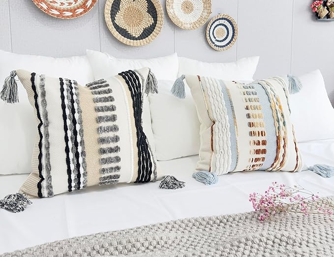 Boho Throw Pillow Covers 16x16 Aesthetic Neutral Boucle Couch Pillow Cover Rainbow Striped Decorative Accent Pillow Case for Couch Bed Sofa Farmhouse Bedroom,Modern Funky,Set of 2 Grey