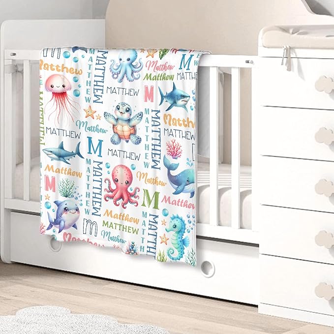 Personalized Custom Baby Blanket with Name - Sea Animals Swaddle Blanket for Toddlers, Infants, Kids, Newborns - Nursery Stroller Crib Decor Throw - Birthday Gift