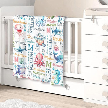 Personalized Baby Blanket for Girls Boys Sea Animals Custom Baby Blanket with Name Swaddle Blanket for Toddlers Infants Kids Shower Newborns Nursery Stroller Crib Decor Throw Birthday Gift