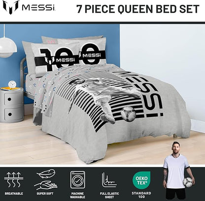 Jay Franco Kids Comforter Set Includes Sheets and Pillow Cover - Soft and Cozy Bed Set for Stylish Room Décor, Grey - Lionel Messi, 7 Piece Queen
