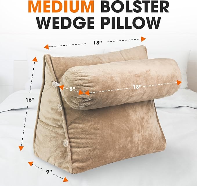 Cheer Collection Reading Wedge Pillow – TV Pillow with Adjustable Bolster Pillow, Memory Foam Back Support for Couch & Bed, Pillow Chair for Bed, Reading Pillows for Adults & Kids, Taupe