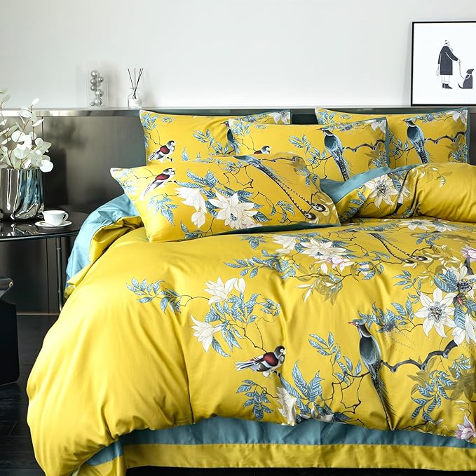 Floral King Duvet Cover 100% Soft Cotton 3 Piece Birds Flowers Garden Tree Branches Print Reversible Duvet Cover with Zipper Closure