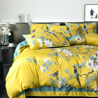 Floral Queen Duvet Cover 100% Soft Cotton 3 Piece Chic Birds Queen Flower Bedding Set Yellow Garden Tree Branches Flowers Birds Print Pattern Reversible Duvet Cover Floral with Zipper Closure