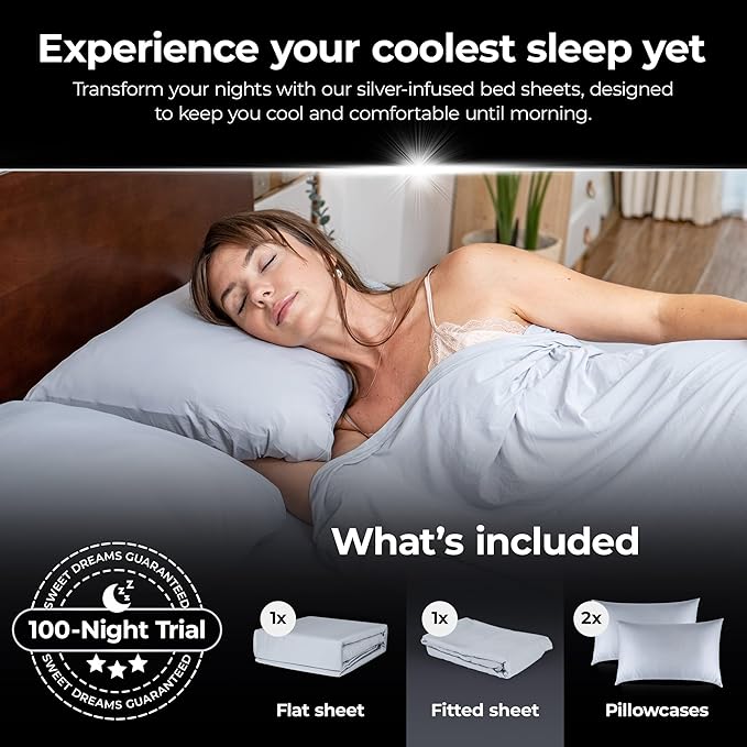 Silvery Restcool™ Silver Infused Bed Sheets Set - Award-Winning Self-Cooling Fabric for Hot Sleepers with Self-Cleaning Silvery Technology™ That Stays Fresh 3X Longer (Gray, Full)