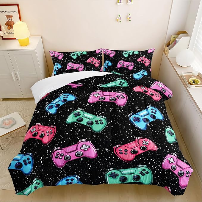 Colorful Gamer Console Comforter 3Pcs Queen Games Contoller Bedding Set for Kids Teens Boys Girls Adults 3D Video Game Gamepad Quilt Room Decor with 1 Comforter and 2 Pillowcases
