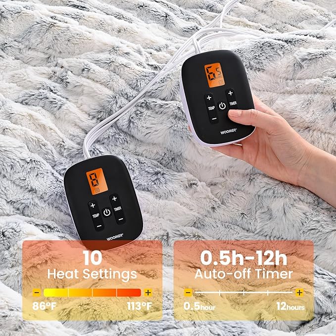 WOOMER Heated Blanket Queen Size Electric Blanket 84"x 90", Faux Fur Fast Heating, 10 Heating Levels & 0.5-12H Auto Off, Dual Control, Over-Heat Protection, ETL Certification