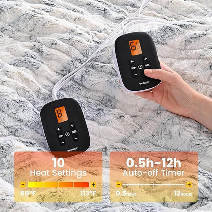 WOOMER Heated Blanket Queen Size Electric Blanket 84"x 90", Faux Fur Fast Heating, 10 Heating Levels & 0.5-12H Auto Off, Dual Control, Over-Heat Protection, ETL Certification