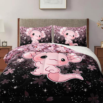QOOMO Cartoon Axolotl Sherpa Fleece Comforter Set Girls Kawaii Bedding Set Full/Queen Size for Kids Teens Cute Cherry Blossoms Bedding Design 3 Piece with 1 Comforter 2 Pillowcases