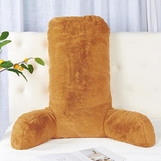 Faux Fur Assembly Need DIY Extra Large Backrest Reading Bed Rest Pillow with Arms and Pockets for Sitting in Bed Couch Sofa, Removable Cover and Filling Seprated, 28" x 30" x17", Burnt Orange