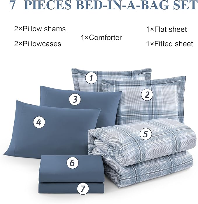 MaiRêve Plaid Queen Comforter Sets, Light Blue Grid Farmhouse Bedding Set Bed in A Bag, Classic Checkered Comforter Sets with Fitted & Flat Sheet, Pillowcases & Shams(Light Blue, 90"x90")