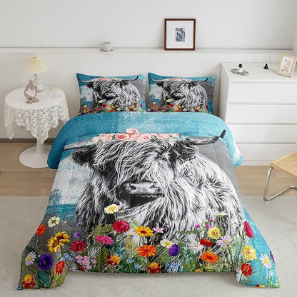 Feelyou Highland Cow Comforter Set Bull Cattle Floral Print Comforter for Kids Girls Teens Decor Cute Animal Wildlife Farmhouse Bedding Set Teal Grey Quilt Set with 1 Pillowcase 2Pcs Bedding Twin