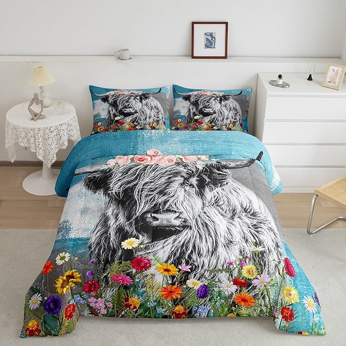 Feelyou Highland Cow Comforter Set Bull Cattle Floral Print Comforter for Kids Girls Teens Decor Cute Animal Wildlife Farmhouse Bedding Set Teal Grey Quilt Set with 2 Pillowcases 3Pcs Bedding Full