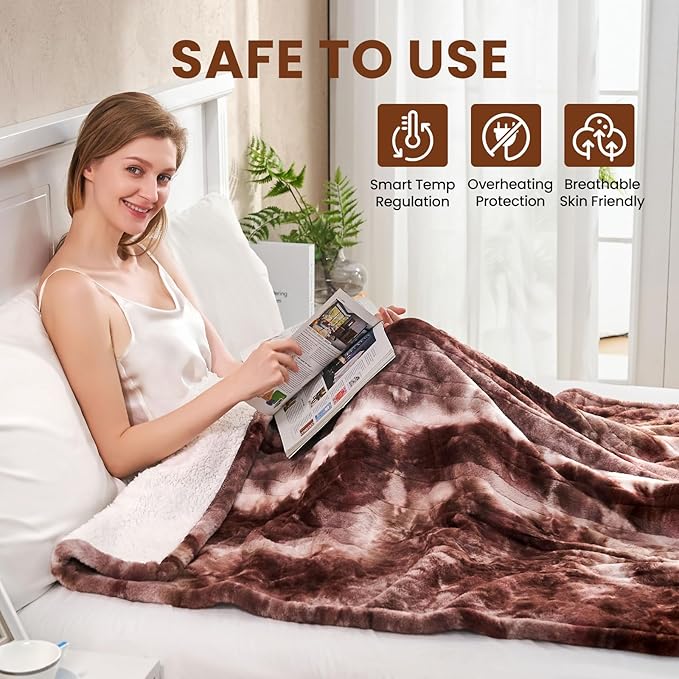 Electric Heated Blanket 84"x90",Luxury White Coffee Faux Rabbit Fur Electric Queen Blanket,Fast Heating Soft Fluffy Thick Electric Blanket with 6 Heating Levels & 12H Auto Off