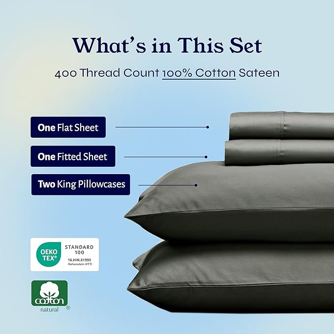 California Design Den King Size Sheet Set - Soft 400 Thread Count Sateen, Natural 100% Cotton Sheets, Deep Pockets with All-Around Elastic for a Snug Fit, Durable Bedding Set - Grey