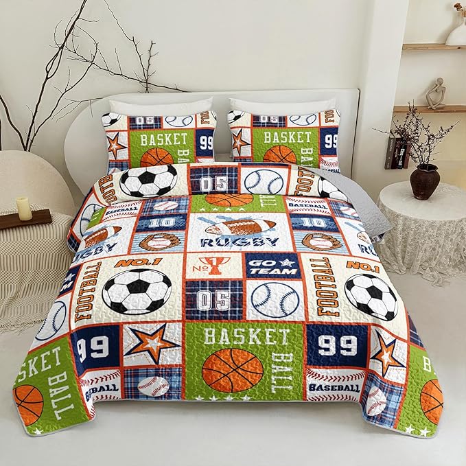 QOOMO Sports Quilt Set Twin Size,Basketball Bedspread Coverlet Set,Football 3Pcs Bedding Set Printed Quilt with 2 Pillowcases,Soft and Lightweight,for All Seasons