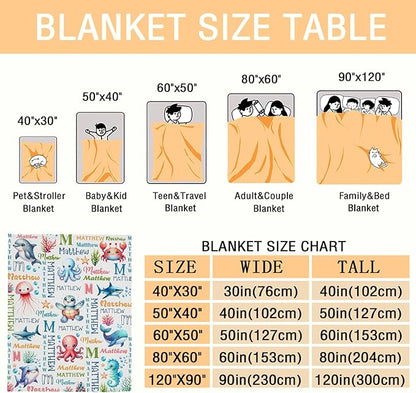 Personalized Custom Baby Blanket with Name - Sea Animals Swaddle Blanket for Toddlers, Infants, Kids, Newborns - Nursery Stroller Crib Decor Throw - Birthday Gift