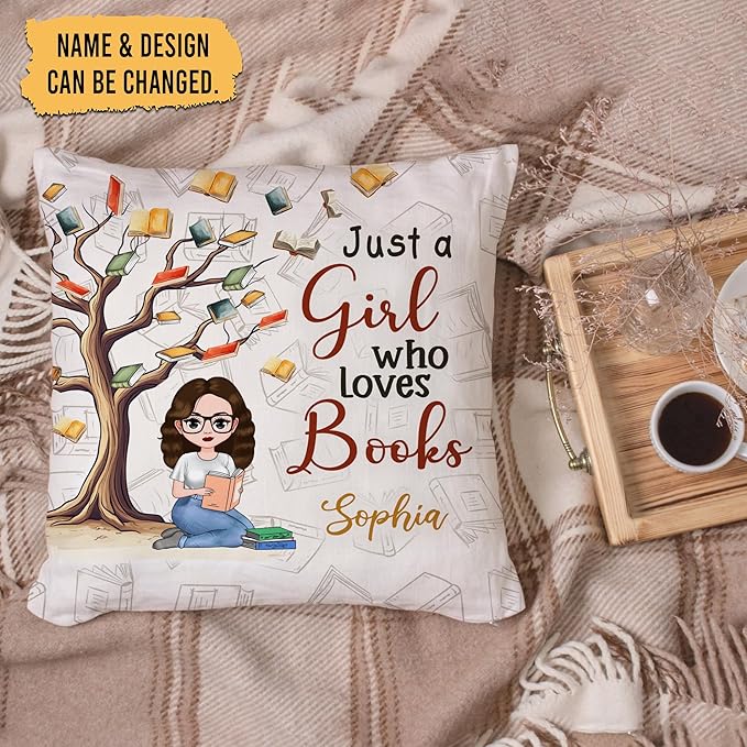 Hyturtle Personalized Book Pillow (Insert Included) Gifts for Girls Book Lovers, Reading Club Librarian on Birthday, Just A Girl Who Loves Books Custom Name Couch Cushion Decor Throw Pillow