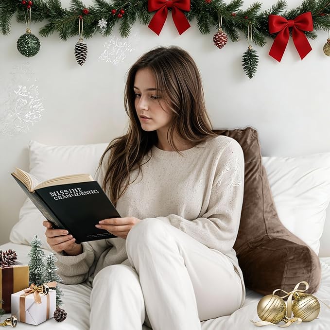 Reading Pillow for Sitting in Bed Adult, Reading Pillow with Shredded Memory Foam, Back Pillow for Sitting Up with Extend Arms, Pockets, Bed Pillow with Washable Cover,Brown, X-Large