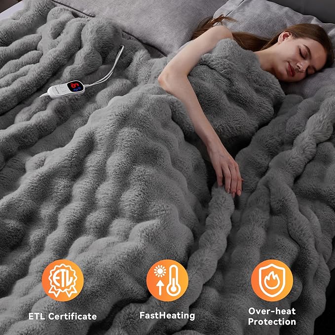 Heated Blanket Throw with 1/2/4/6/8 Hours Auto-Off 10 Heat Level, 50'' * 60'' Cozy Faux Rabbit Fur Bubble Electric Blanket with Overheat Protection(Light Grey)