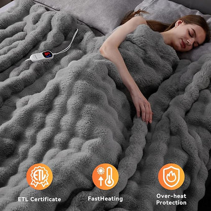 Heated Blanket Queen Size with 1/2/4/6/8 Hours Auto-Off 10 Heat Level, 72'' * 84'' Cozy Faux Rabbit Fur Bubble Electric Blanket with Overheat Protection(Light Grey)