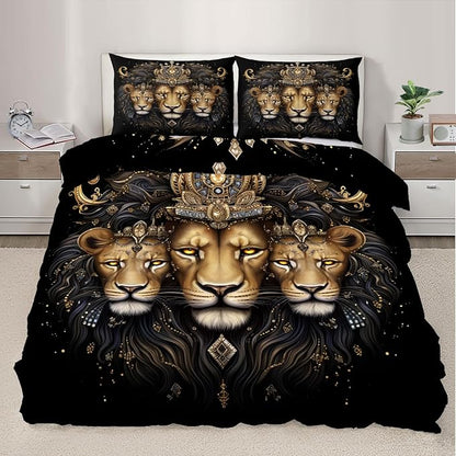 Lion Duvet Cover Full Size, Crown Lion Father and Son Bedding Set 3 Piece Bedroom Decor Luxury Abstract Animals Comforter Cover with Zipper Ties & 2 Pillowcases