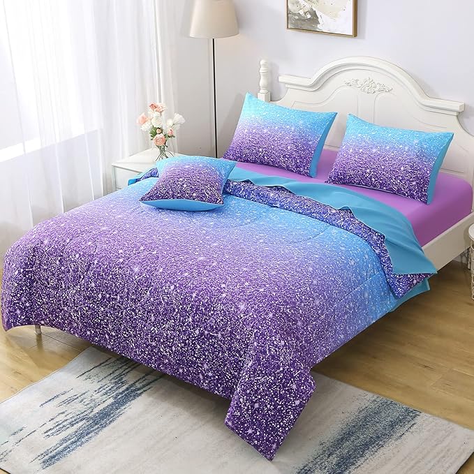 6Pcs Glitter Comforter Set with Sheets for Teens Girls Kids, Colorful Gradient Glitter Themed Bed in a Bag Twin Size, Blue Purple 3D Sparkly Galaxy Bedroom Decor Bedding Set