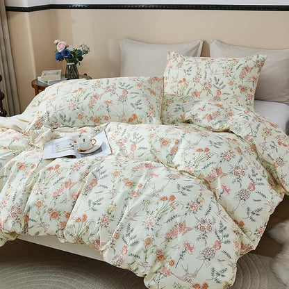 100% Cotton Duvet Cover Queen Size – Vintage Botanical Floral Duvet Cover Set with Zipper Closure, 3-Piece Soft Breathable Natural Premium Cotton Bedding Set for All Seasons