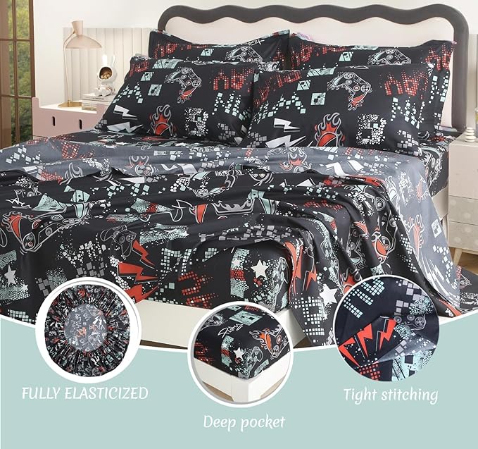 SDY 7PCS Game Console Comforter Set Queen Size Cute Printed Gamer Comforter Set for Toddler,Girls Boys and Kids, Gaming Comforter,with Comforter, Flat Sheet, Fitted Sheet and Pillowcases & Shams