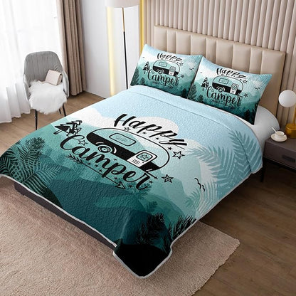 QOOMO Camping Quilt Set Full/Queen Size,Camping Bedspread Coverlet Set,3Pcs Bedding Set Printed Quilt with 2 Pillowcases,Soft and Lightweight,for All Seasons