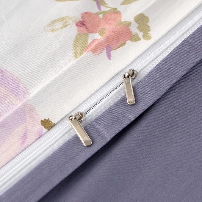 Queen Floral Duvet Cover 100% Soft Cotton 3 Pieces Flower Bedding Set for Girls Women Chic Garden Style Luxury Purple Floral Pattern Printed Floral Queen Duvet Cover with Zipper Closure