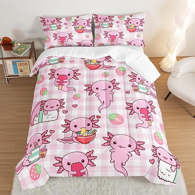 HOSIMA Axolotl Comforter Set King Size for Kids Girls,Pink Cartoon Axolotl Eat Dessert Printing Bedding Set King Size for Princess Bedroom Decor with Two Pillowcases.