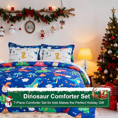 Wajade 7 Piece Kid Boys Dinosaur Comforter Set Full Size 3D Blue Dinosaur Wild Park Jungle Print Bedding Set with Comforter, Sheet Set, Pillowcase and Sham