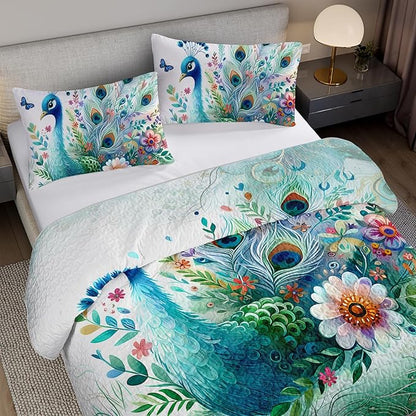 Teal Blossom Peacock Animal Quilt Bedding Queen 3Pcs Flower Butterfly Pattern Bed Set Watercolor Feather Lightweight Bedspread Coverlet with 2 Pillowcases for Kid Boy Girl Teen Adult Room Decor