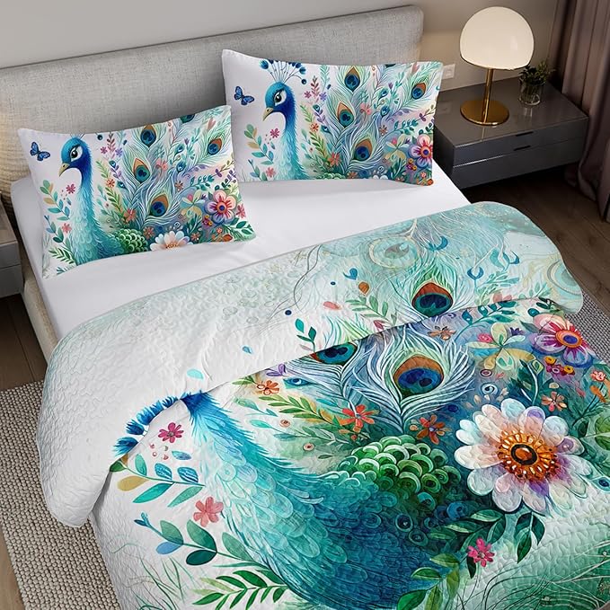 Teal Blossom Peacock Animal Quilt Bedding Twin 3Pcs Flower Butterfly Pattern Bed Set Watercolor Feather Lightweight Bedspread Coverlet with 2 Pillowcases for Kid Boy Girl Teen Adult Room Decor
