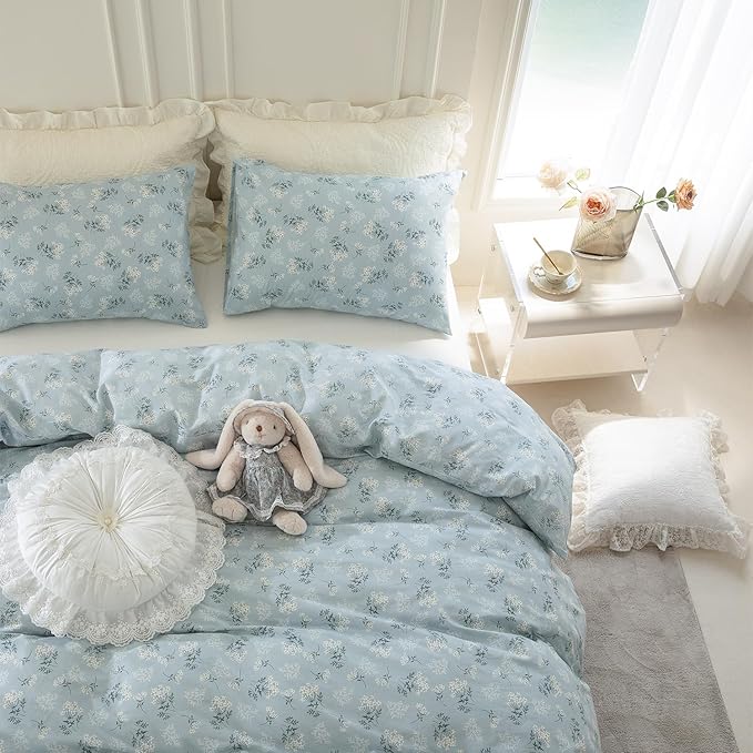 King Duvet Cover Floral, Blue Flower Farmhouse Duvet Cover Set- Soft 100% Brushed Microfiber with Zipper Closure & Qualit Ties Four Corners (Floral, King)