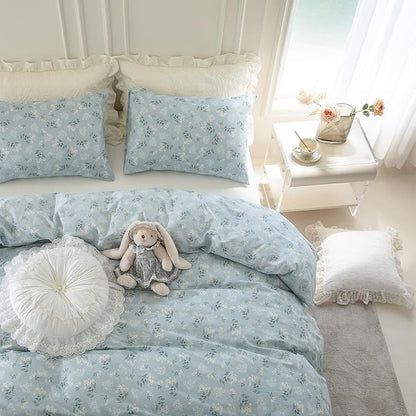 Floral Queen Duvet Cover, 100% Brushed Microfiber 3-Piece Queen Bedding Set, Blue Garden Style Floral Pattern with Zipper Closure