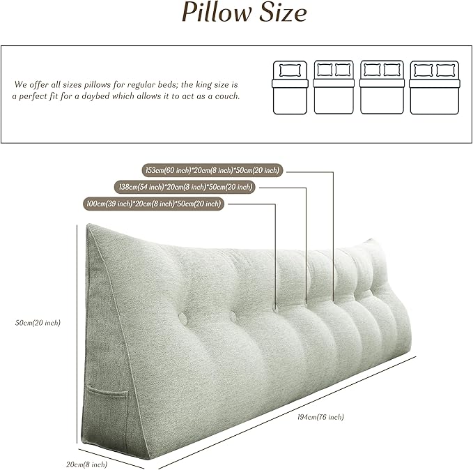 Headboard Wedge Pillow - Triangular Headboard Pillow Bed Rest Wedge Pillow for Sitting in Bed - Backrest Positioning Support Reading Pillow Daybed Pillows with Removable Cover