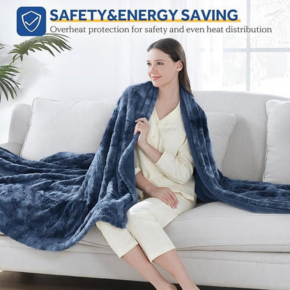 Sealy Electric Blanket Heated Throw, Faux Fur Heating Blanket with 6 Heat Settings & 2-10 Hours Auto Shut Off, Fast Heating & ETL Certification, 50x60 Inch, Navy Blue
